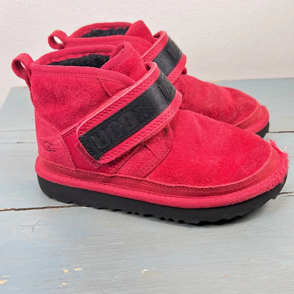 UGG Neumel II Graphic Strap Red Suede Kids Boots Size 11 girls